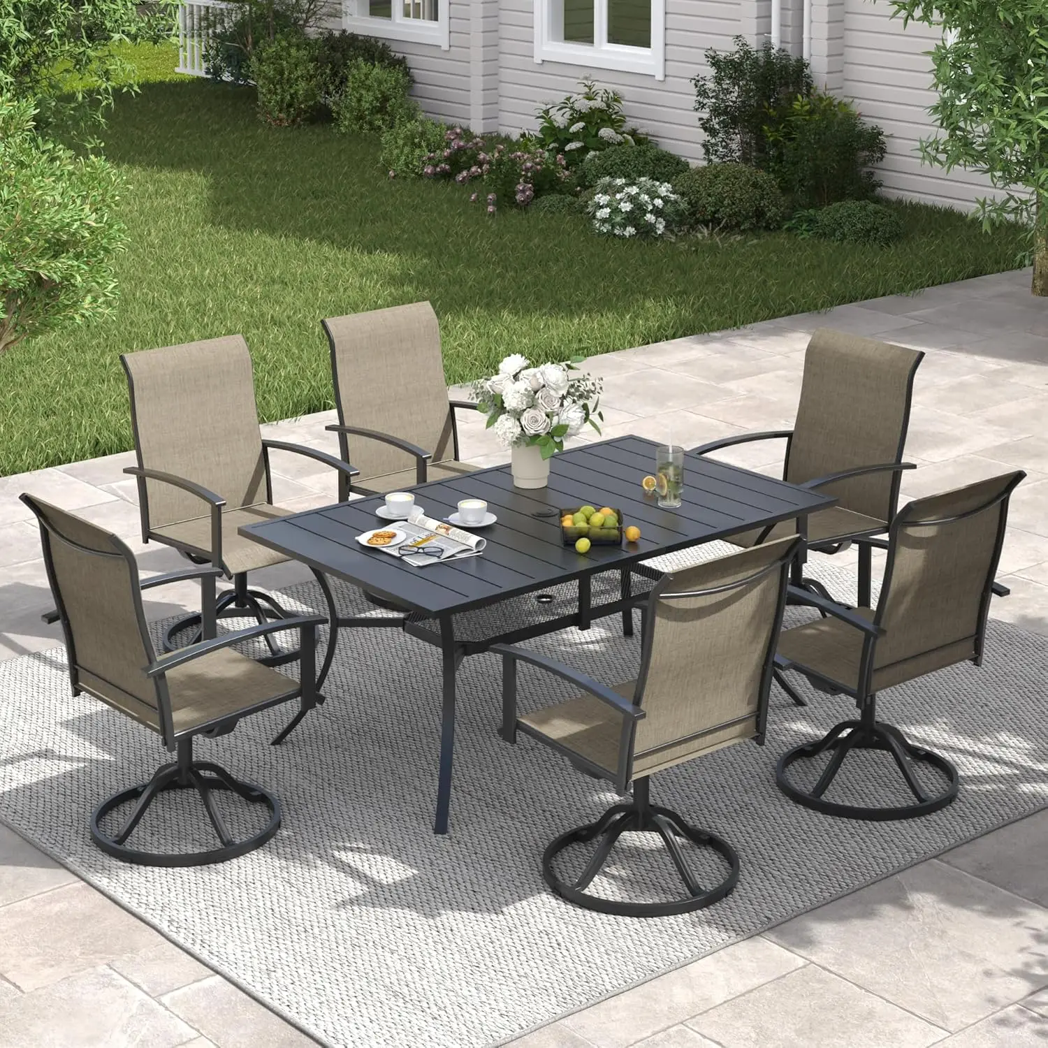 

Садовый стол и стулья, обеденный комплект для улицы на 6 человек, прямоугольный стол 59 дюймов и поворотные стулья, ткань смешанного коричневого цвета, на заказ