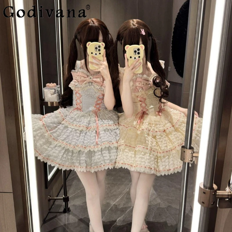 Senhora estilo japonês design original lolita vestido de cintura alta princesa doce jsk cinta vestido para mulheres gola arco vestido bonito