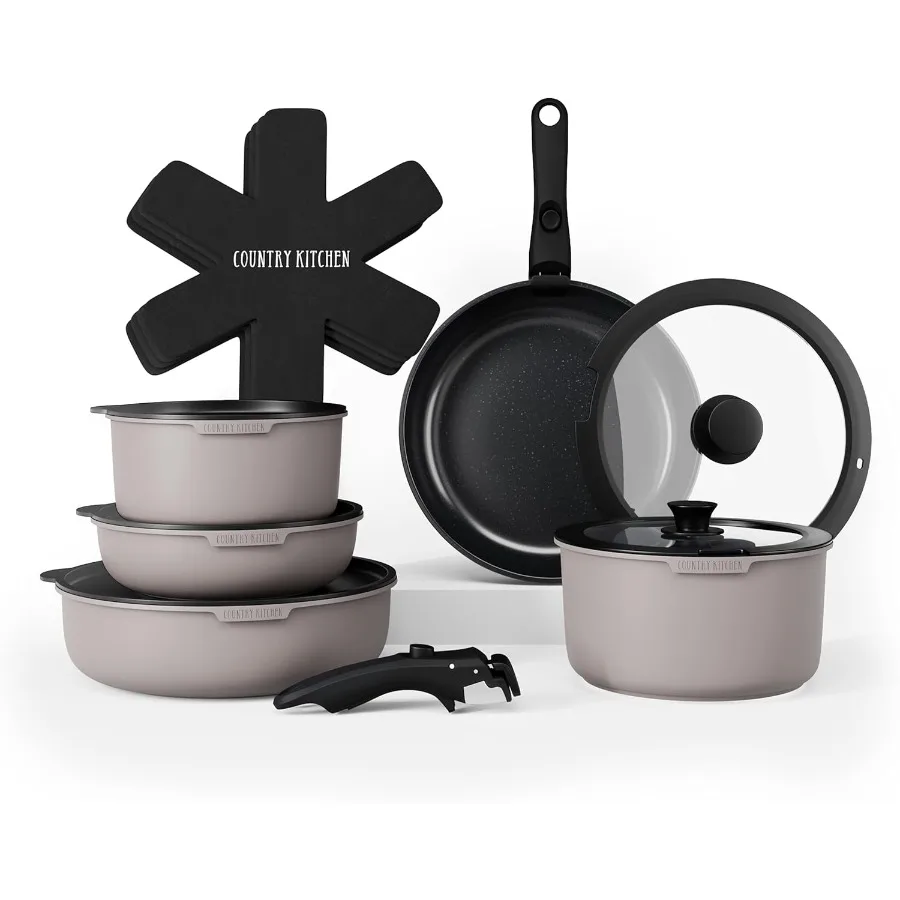 

Cookware Set with Removable Handle Oven RV Safe Pots and Pans Set for Home Kitchen Camping and Travel Use Durable Grey Black De