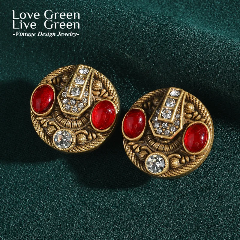 

Vintage Red Glaze Stud Earrings Round Antique Gold Color Rhinestone Luxury Jewelry Designer For Woman Accessories Wedding 2025