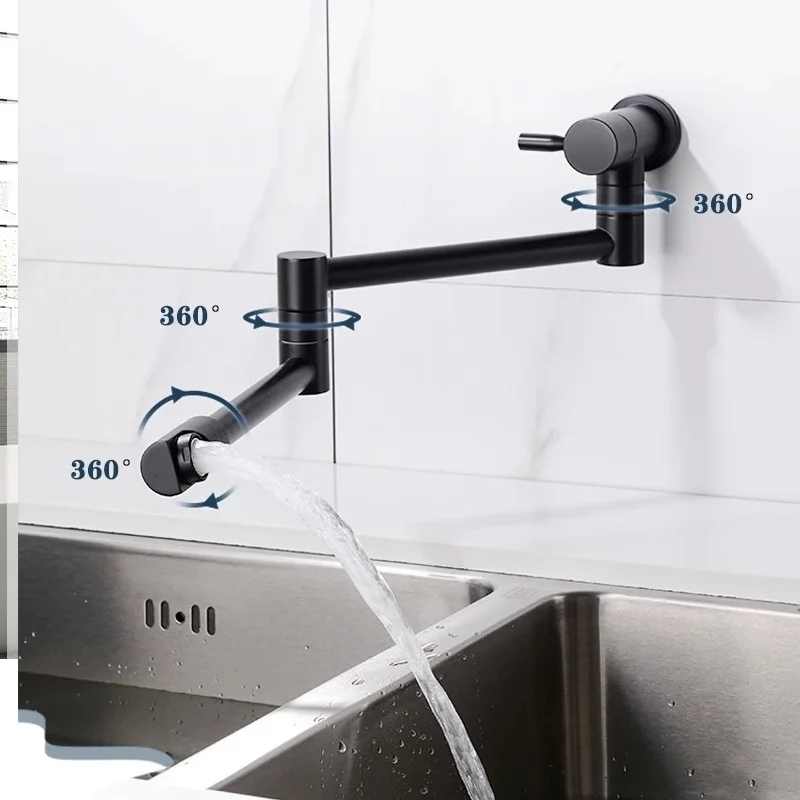 Pot Filler Tap Wall Mounted Foldable Kitchen Faucet Single Cold Single Hole Sink Tap Rotate Folding Spout Chrome Brushed Black 2