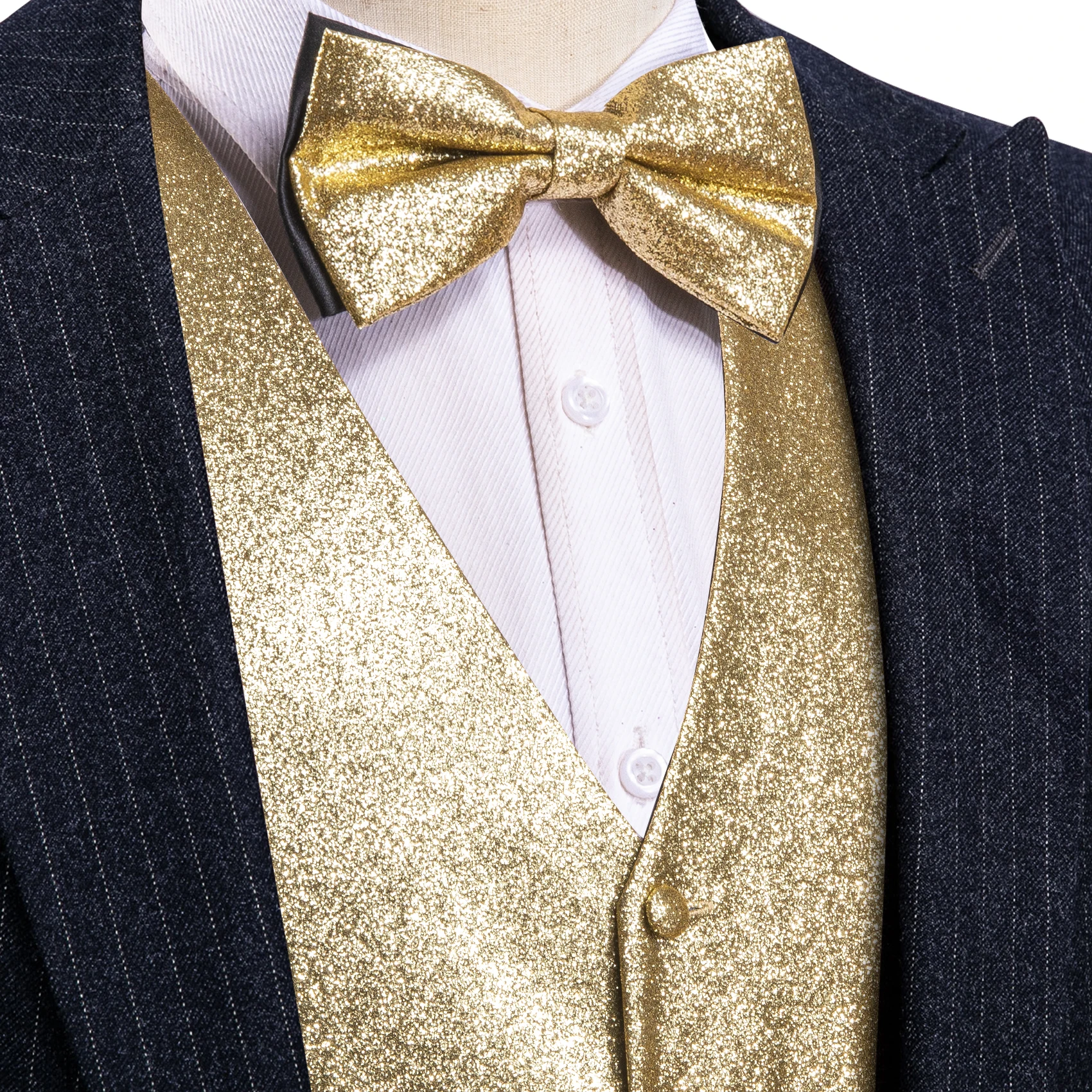 Gold Men Vest Set Fashion Solid Vest Bling V-Neck Waistcoat Casual Fit Novelty Bow-Tie Suit Wedding Party Desinger Barry.Wang