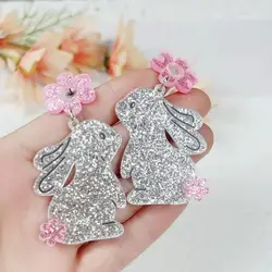 1 Pair Cute Cartoon Floral Bunny Pendant Earrings, Sparkly Blingbling Easter Drop Earrings For Fashion Accessory