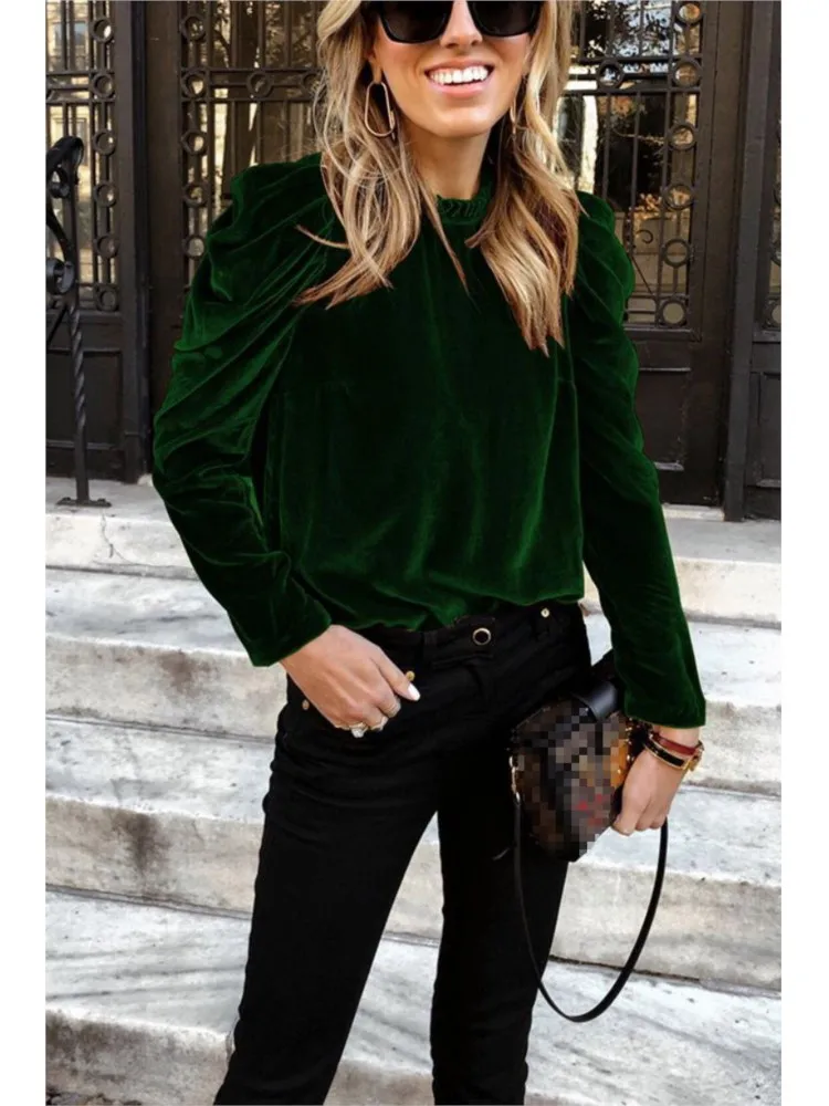 Fashion Puff Sleeve Velvet Blouses And Tops Casual O Neck Solid Color Loose Shirt Office Top 2024 Autumn Winter Women\'s Clothing