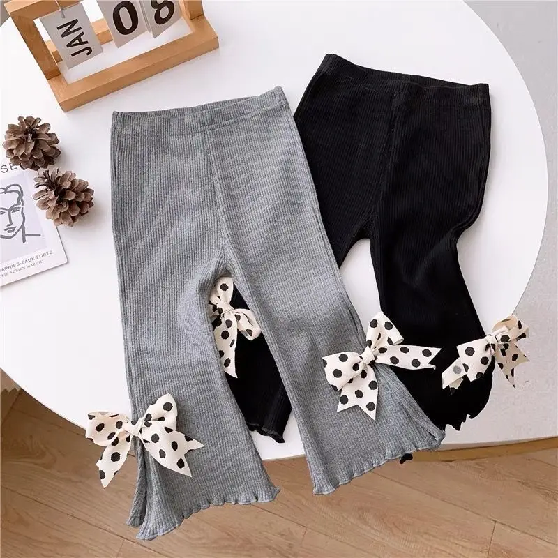 Girls' Bow Flared Pants High Elastic Stretchy Tights for Kids Summer Wear Comfortable Kids' Bell Bottoms with Adjustable Waist