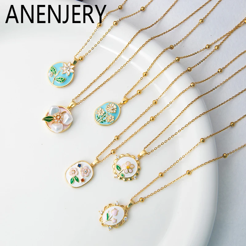 ANENJERY 316L Stainless Steel Colorful Drop Oil Flower Heart Necklace for Women Girls Vintage French Delicate Jewelry Gifts
