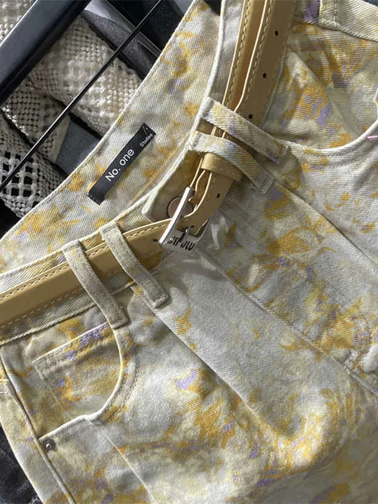 Vintage Print Yellow Denim Shorts Women Summer New High Waist A-line Hot Girls Style Hot Pants Fashion Niche Curled Shorts