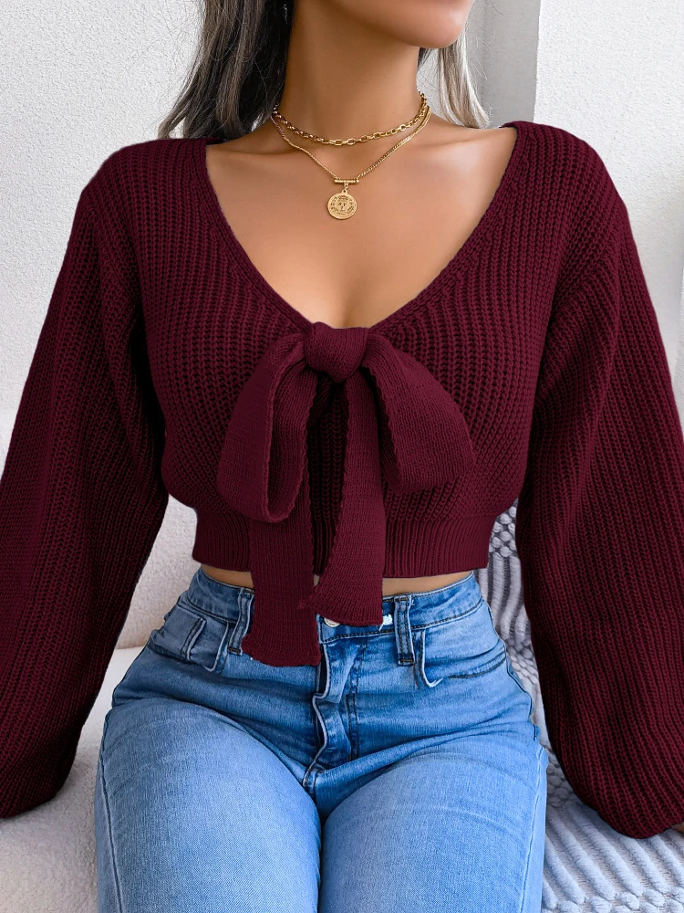 Y2K Backless Bow Tie Sweater Women Cold Shoulder Puff Sleeve Pullover Knot Front Solid Fall Winter