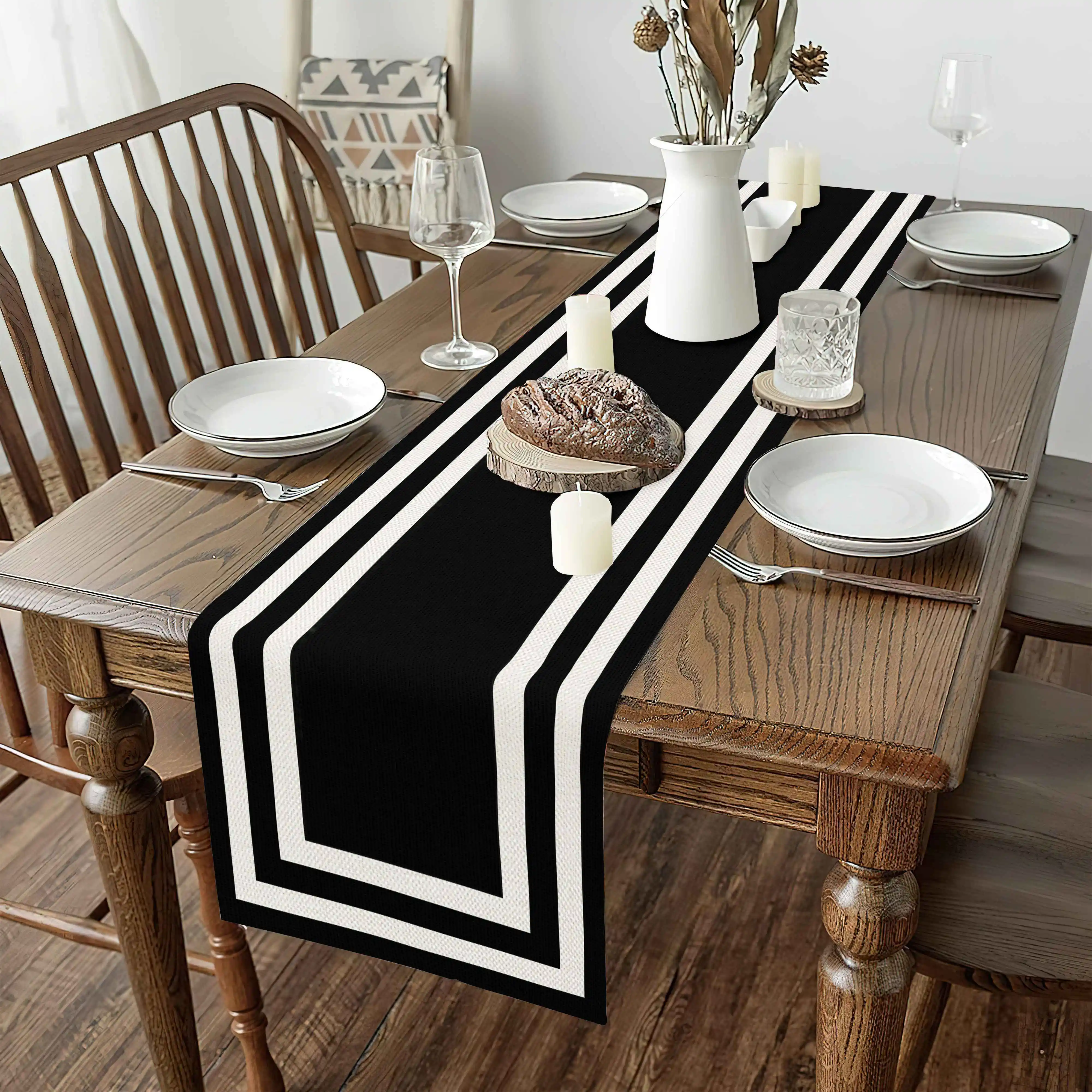 VIKAMA Black and White Geometric Table Runner Nordic Instagram-Inspired Sophisticated Dining Space Machine Washable Colorfast