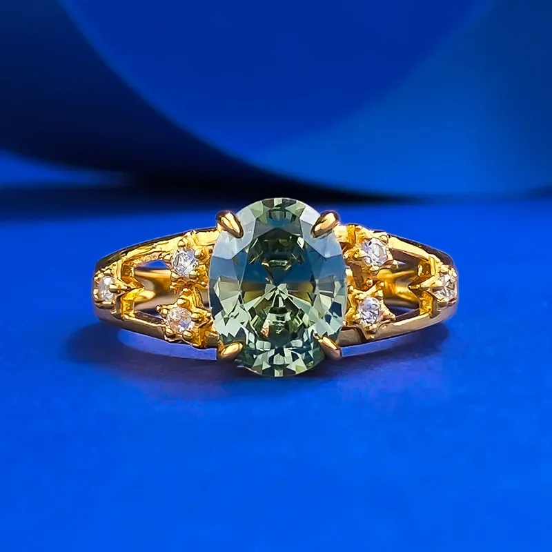 SpringQiaoer 18K Gold Plated 925 Sterling Silver Oval 6*9 MM Lab Sapphire High Carbon Diamond Gems Engagement Ring Fine Jewelry