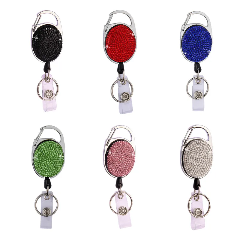 Metal Keychain Type Retractable Badge Reel with Diamond Decor Easy Pull Lanyard for ID Name Badge Holder Work Card Accessories