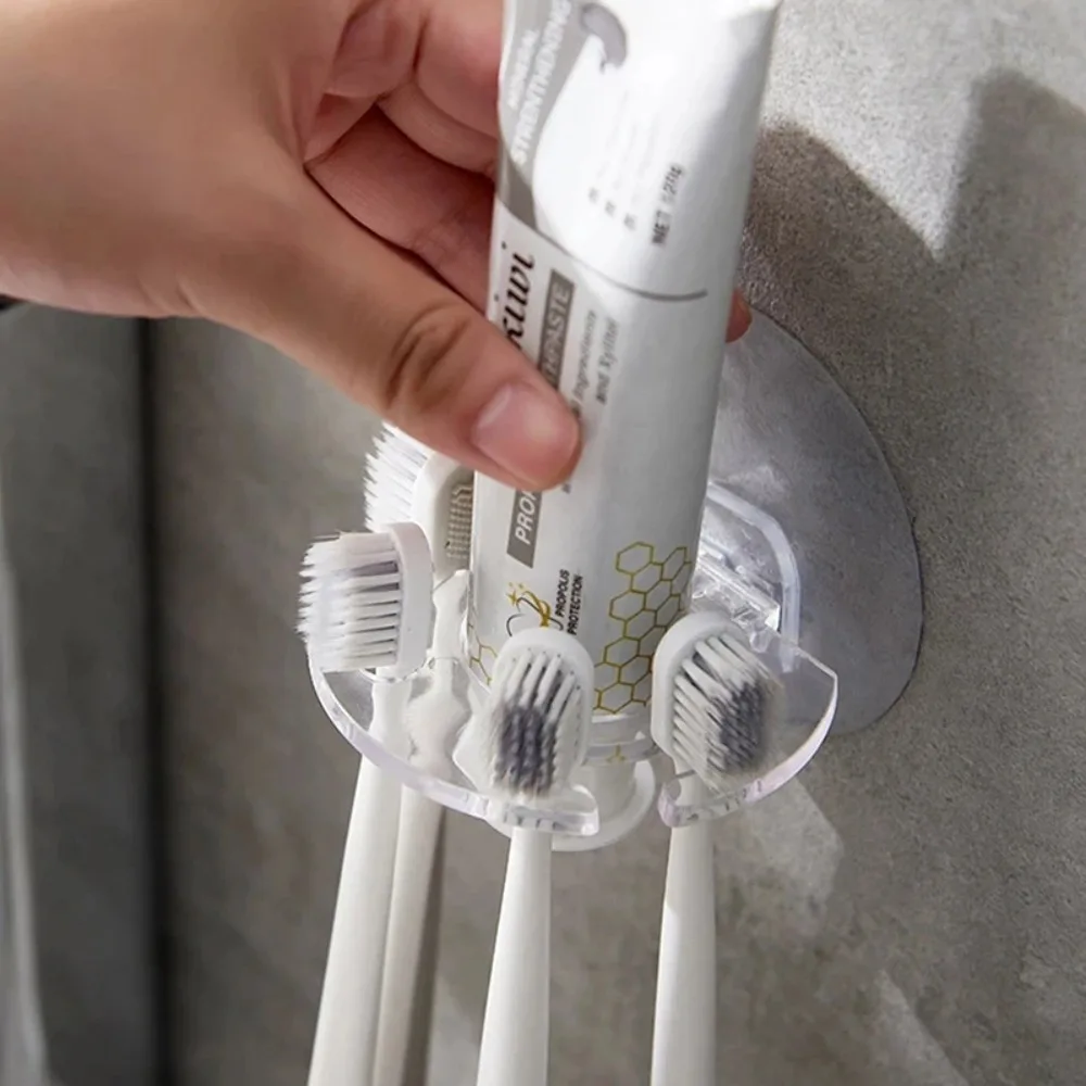 Desktop Bathroom Toothbrush Organizer Shelf, Self‑Adhesive Wall‑Mount Toothpaste Dispenser Squeezer Shaver Holder