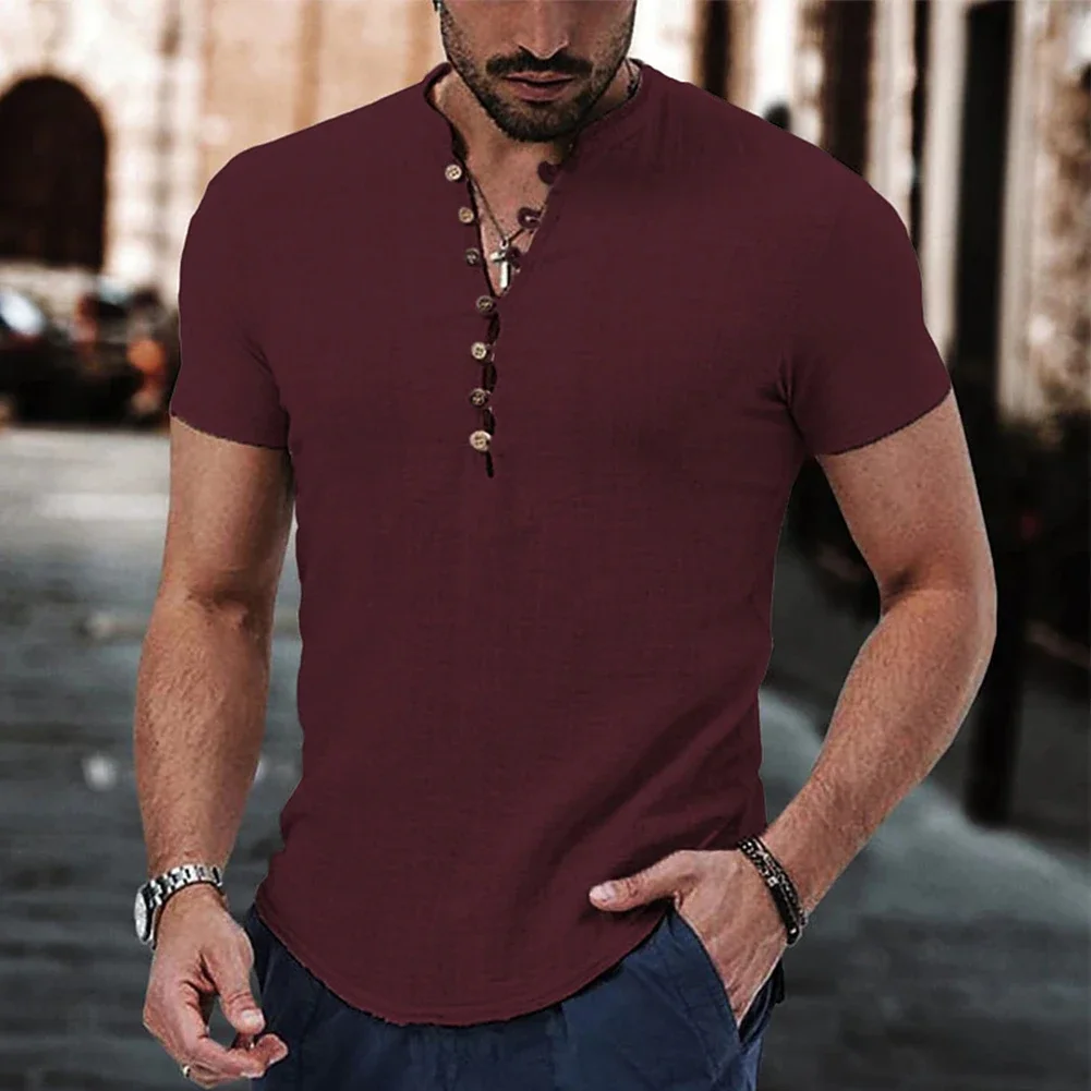 Camisa casual masculina de botão, manga curta, blusa de botão baixo com gola V Henley, perfeita para festas de verão, configuração casual