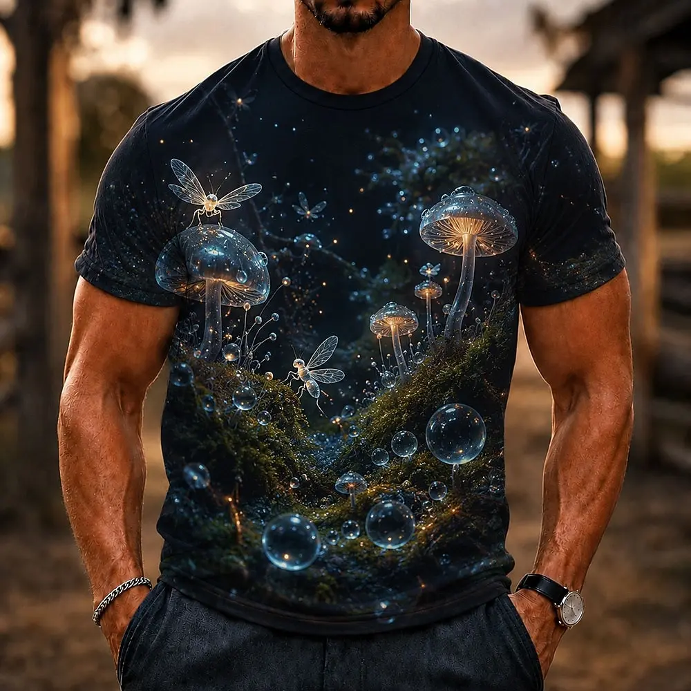 Men Fantasy Micro World Print T-shirt Jellyfish Plant Plankton Fluid Abstract Pattern Short Sleeve Tops