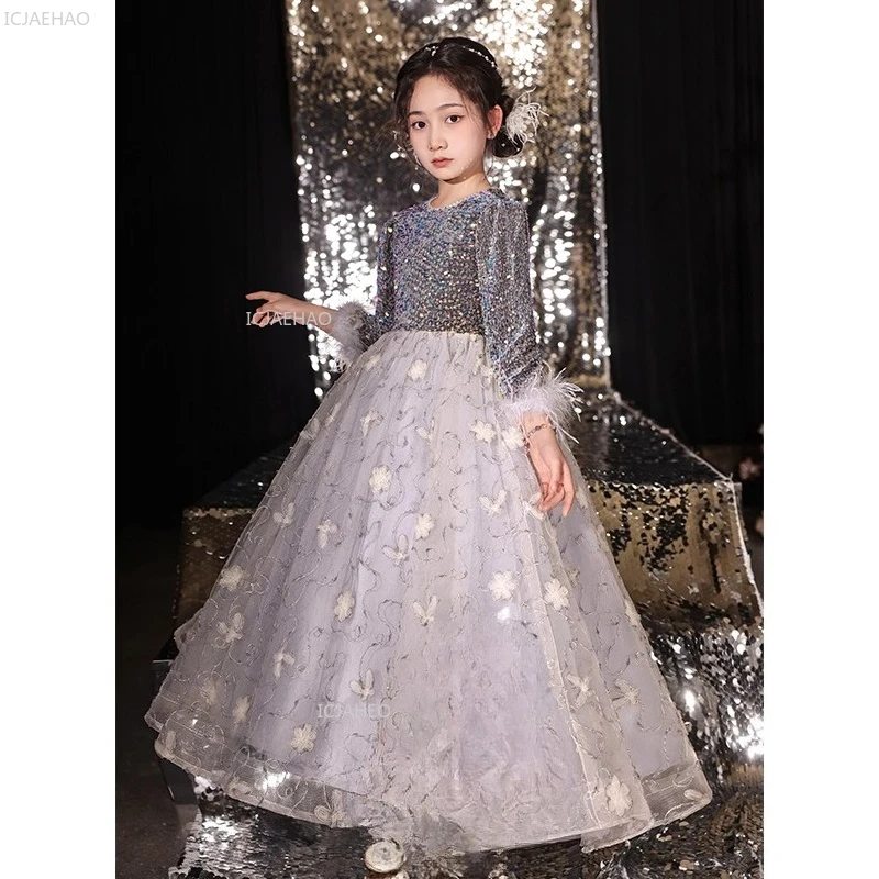 Children Girls Sequin Princess Party Dress Evening Celebration Formal Ball Gown Costume Gown for Piano Performance Host Kids