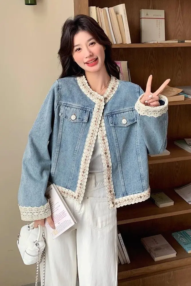 เสื้อโค้ทเดนิม 2025 ฤดูใบไม้ผลิ/ฤดูใบไม้ร่วงออกแบบสั้นลูกไม้คาร์ดิแกนผู้หญิง