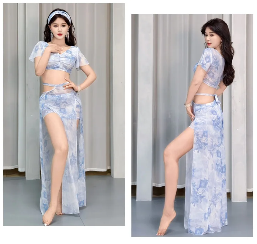 

Танцевальные костюмы для девочек BellyDance, сексуальный топ с v-образным вырезом + длинная юбка с принтом, 2 предмета, одежда для тренировок по восточному танцам для взрослых, тренировочный костюм