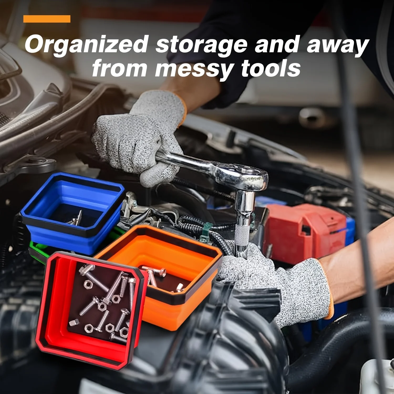 Collapsible Magnetic Parts Tray Silicone Bowl Foldable Tool Organizer Storage Holder for Screws Nuts Bolts Auto Repair Garage