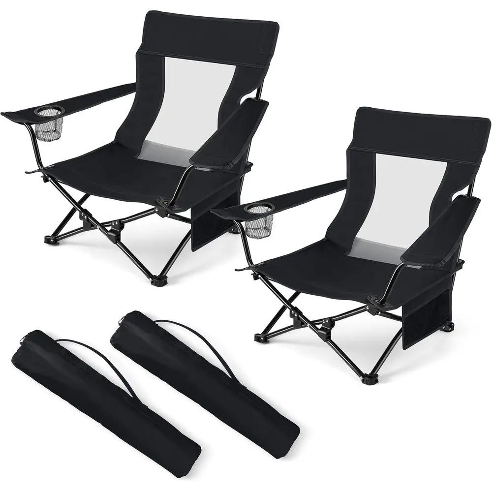 

Набор складных пляжных кресел (2 шт.), черные складные кемпинговые стулья для улицы, низкие портативные пляжные кресла для взрослых, для рыбалки, пикника, отдыха на природе