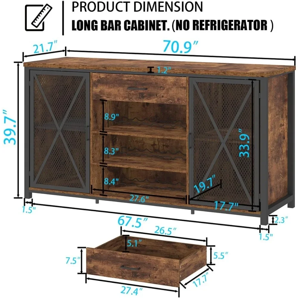 Farmhouse wood metal wine cabinet, large bar cabinet with refrigerated space, rustic wine cabinet with drawer storage