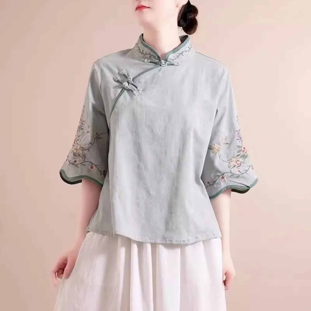 New Chinese Style Shirt For Women Elderly Mom Summer Vintage Embroidery Frog Button Slant Placket Loose Tea Blouse Top