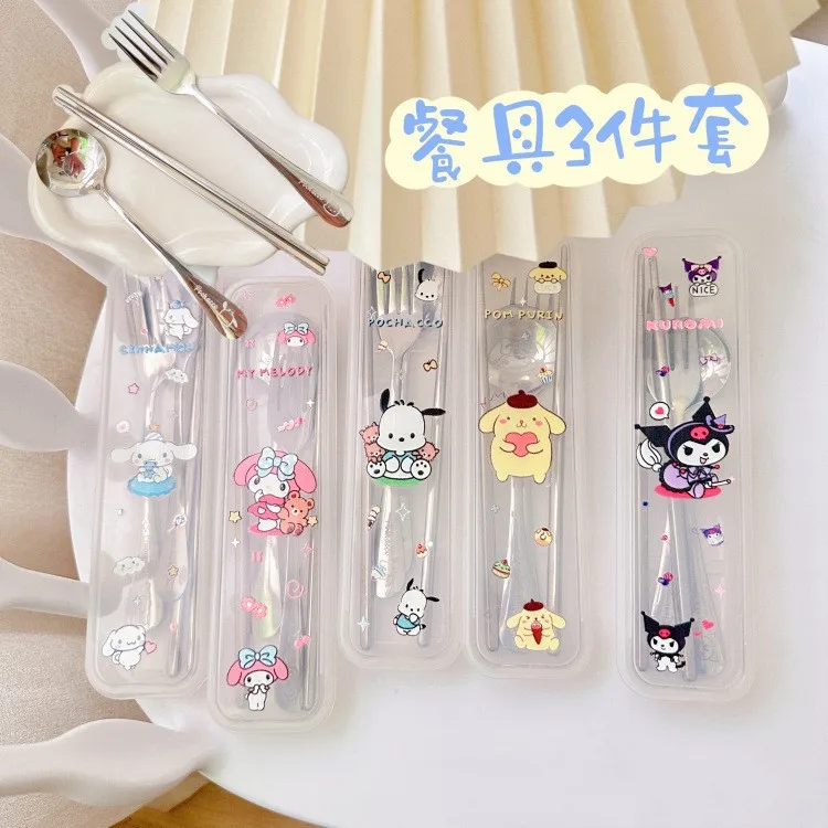 Sanrio kuromi Children's Knife, Fork, and Spoon Set - Cartoony Portable Utensils for School Cafeteria or Restaurant Use