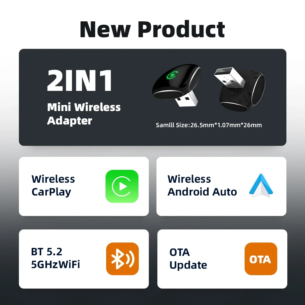 2 in 1 Wired to Wireless Carplay&Android Auto Adapter Mini AI Box Compatible with 99% of Cars Plug and Play WiFi Smart Dongle