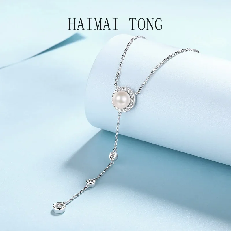 Platinum PT950 Pendant Girls Party Gift with Total 0.67ct Vvs Moissanite 8mm Pearl Necklace for Women Sparkling Luxury Designer