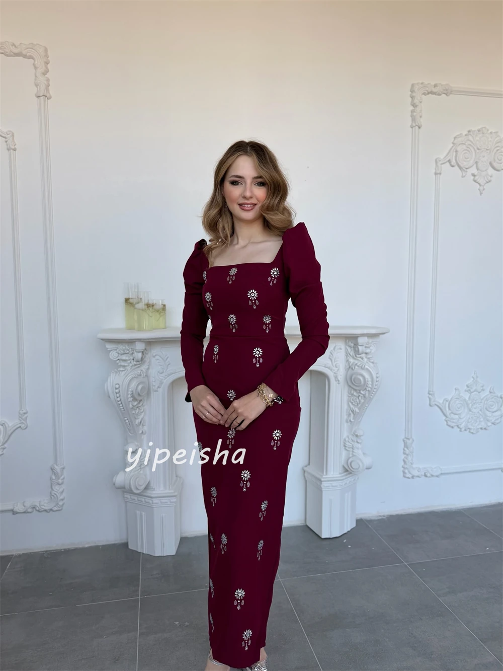 تخصيص الطراز الحديث الكلاسيكي جيرسي حجر الراين الطية مستقيم ساحة الرقبة الكاحل طول فساتين مناسبة مخصصة فساتين الرجعية