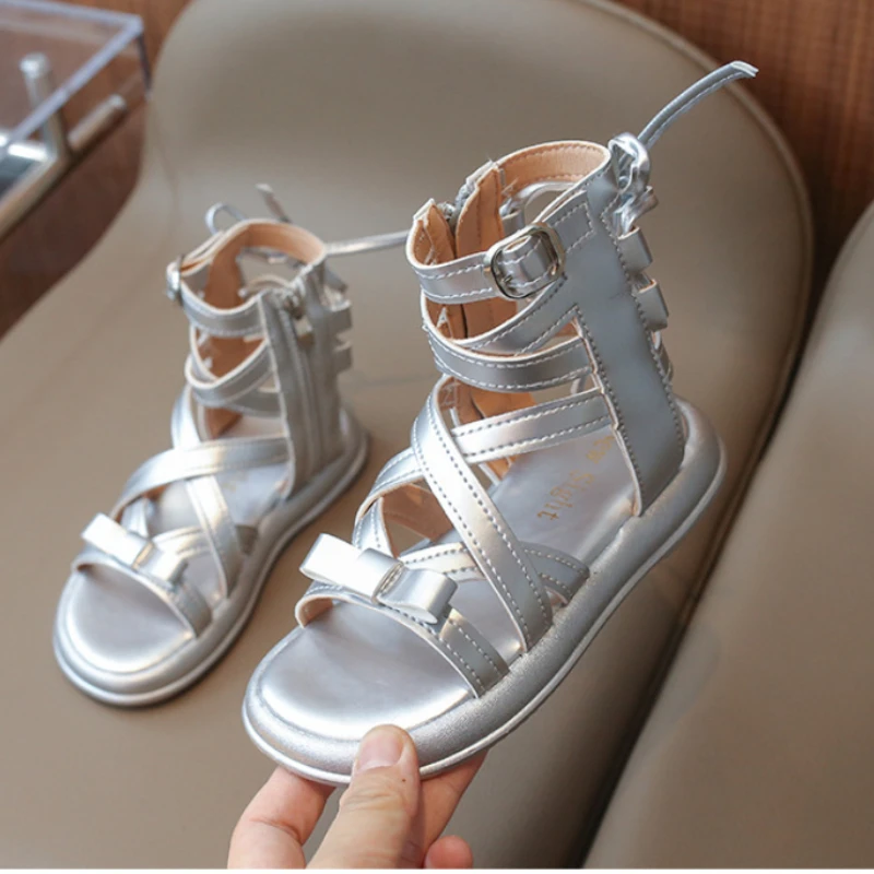 

Girls Sandals 2024 Summer New Gladiator Sandals Cross-tied Boots Baby Kids Casual Shoes Roma Lace Up High Top Sandalias J300