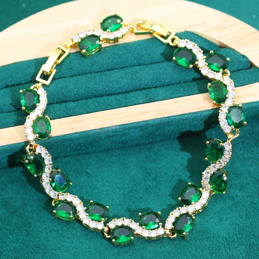 Women Gold-Color Wedding Jewelry Sets Bride Green Cubic Zirconia Dubai Luxurious Bracelet Ring Necklace Earrings Accessories