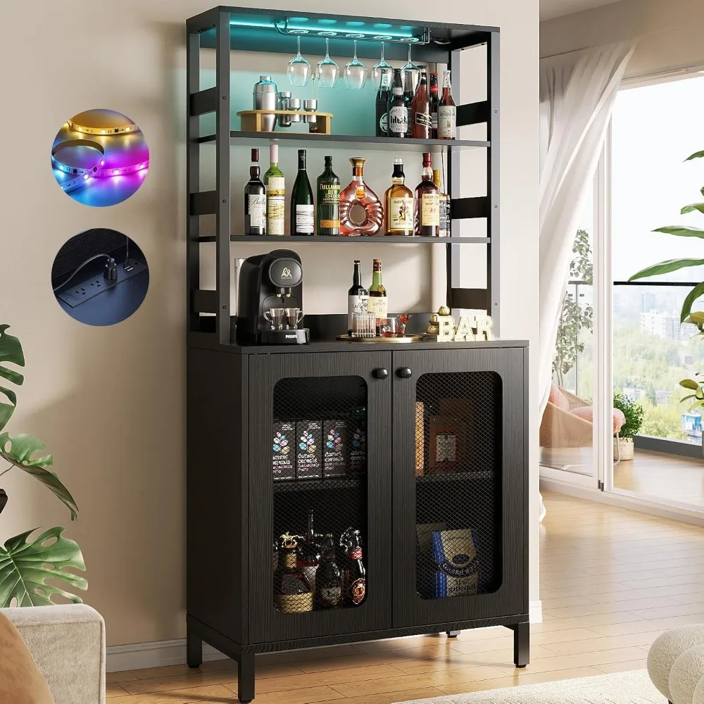 

67" Tall Bar Cabinet with Power Outlets - Wine & Liquor Cabinet with LED Lights and Glass Holder | Coffee Bar Station