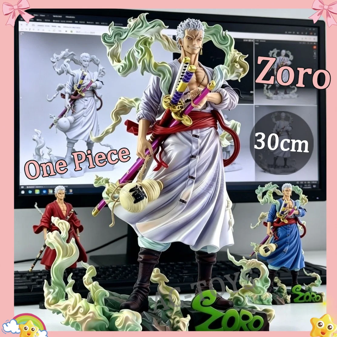 One Piece Roronoa Zoro Statue mit 2 austauschbaren Köpfen - Drei-Schwerter-Stil & grüner Aura-Effekt - Wano Kimono Ver. PVC-Figur