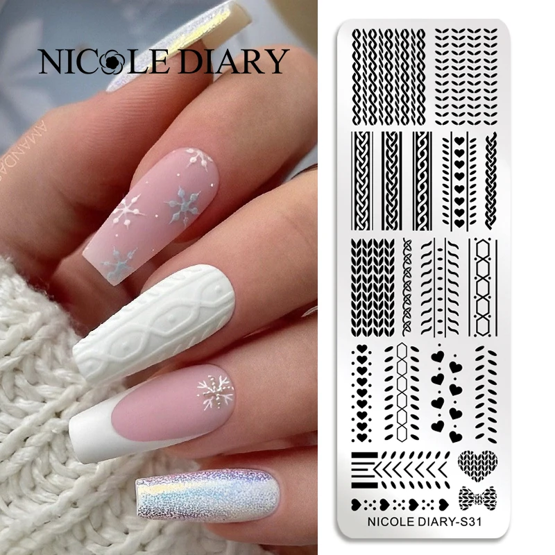 NICOLE DIARY Sweater Pattern Nail Art Stamping Plate Template Love Heart Line Image Stencil Mold Nail Stamp Polish Printing Tool