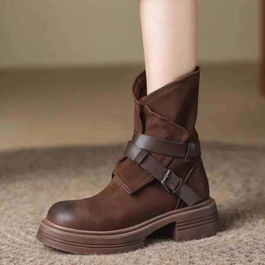 

2025 Autumn New Women's Maillard Boots Mid Calf Western Cowboy Style Retro Ankle Boots With Side Zipper Western Boots