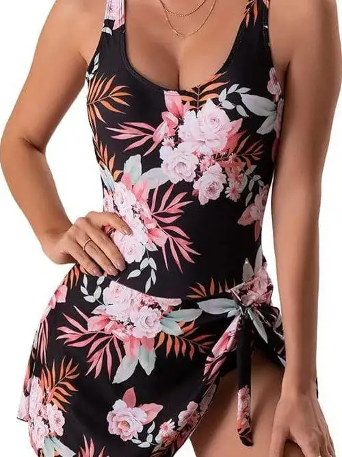 

Сексуальный слитный купальник с цветочным принтом, женский повседневный спортивный бикини с завязками на талии, V-образным вырезом, без рукавов, с фиксированными вставками для груди