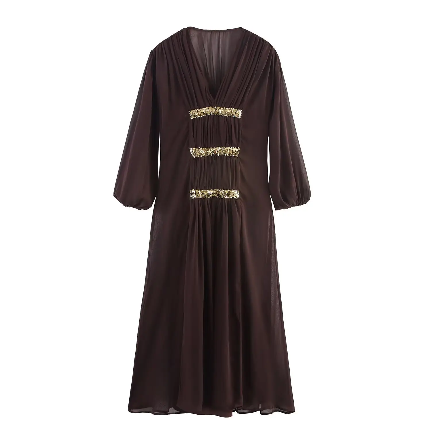 Losse pailletten V-hals lange mouwen jurk nieuwe mode Sparkle semi-transparante jurken damesjurk casual jurk herfstjurken