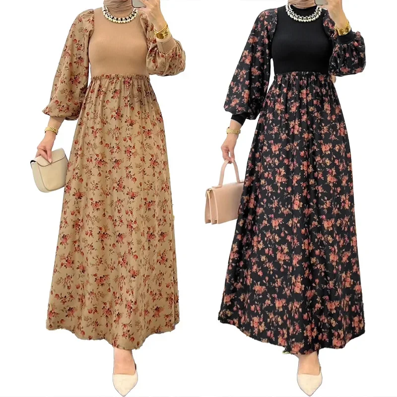 Eid Muslim Arabic Long Robe Women Dresses Flower Print Jalabiya Dubai Abayas Islam Modest Vestidos Ramadan Morocco Kaftan