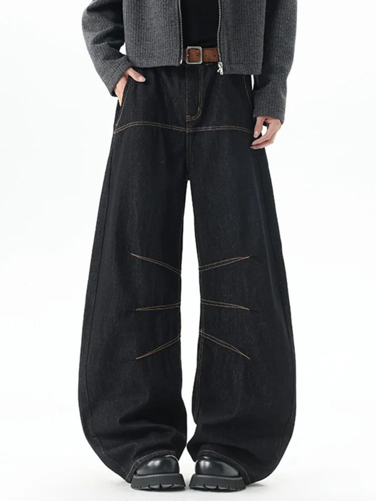 American Retro Deconstruction Visible Lines Decoration Men's Jeans Low Waist Solid Color Wide-leg Pants Winter News NGY67