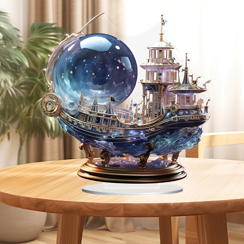 Figura de barco de cristal púrpura acrílico de 8 pulgadas, estilo bohemio 2D, decoración plana de barco de vela misteriosa para dormitorio, escritorio de oficina