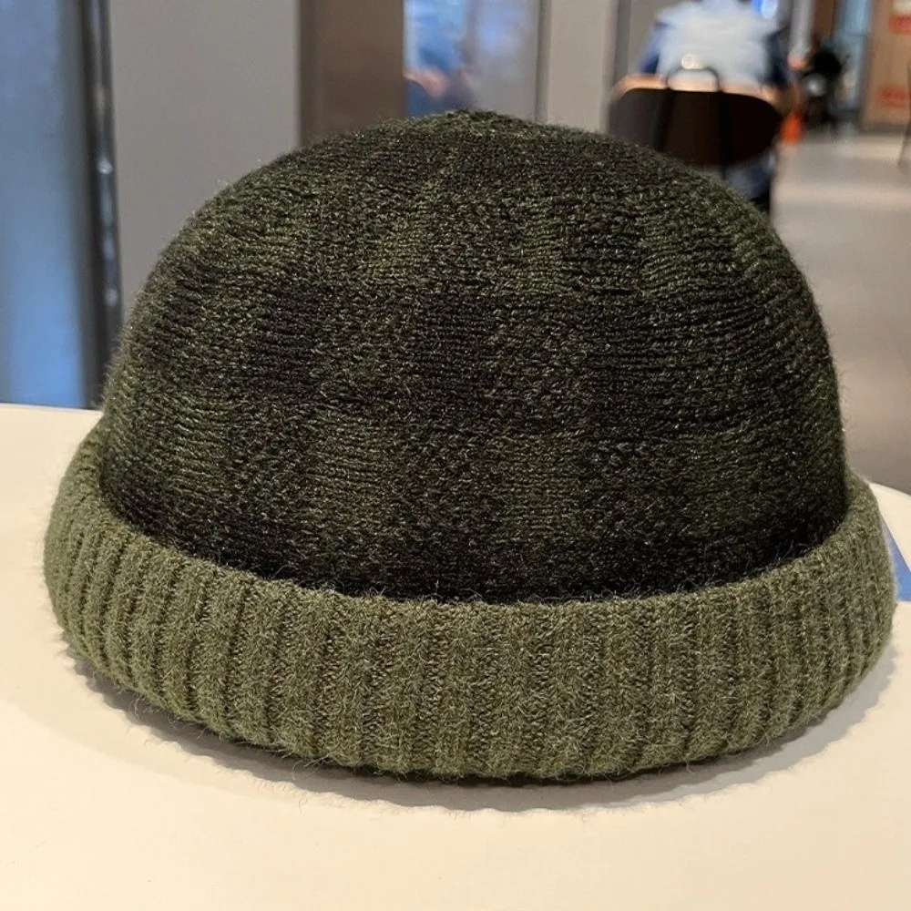 Striped Pattern Knitted Beanie Hat Warm Rolled Edge Design Streetwear Docker Hat Thickened Adjustable Fit Landlord Hat
