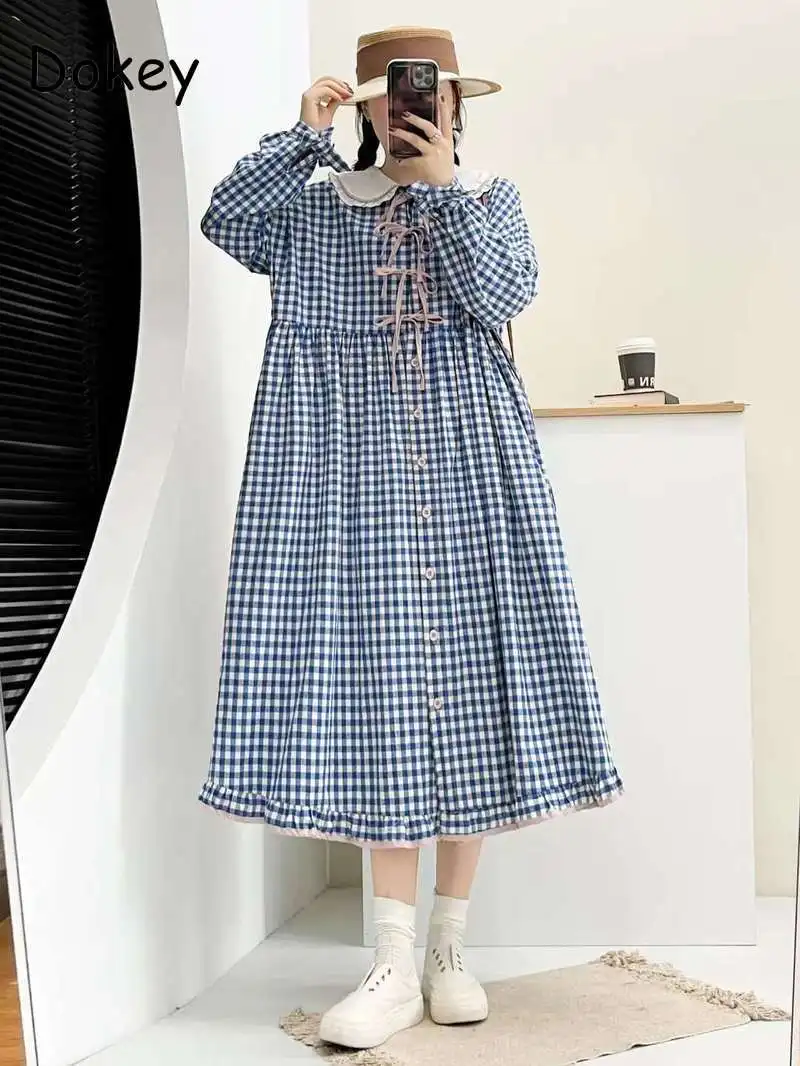 Vintage Plaid Cotton Linen Dress Women Japanese Autumn Mori Girl Peter Pan Collar Long Sleeve Dresses Casual Oversized Vestidos