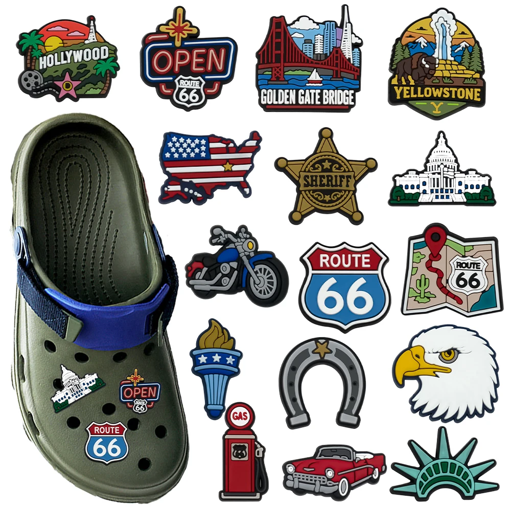 New 16-50pcs Cartoon 66 Route Eagle USA Theme Series PVC Boy Girl Shoe Accessories DIY Detachable Waterproof Fashion Gifts