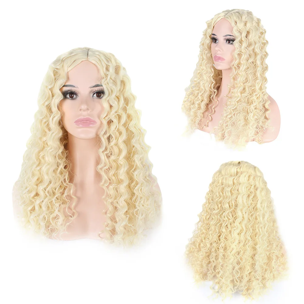 Matte Synthetic High Temperature Fiber Curly Tube Afro Voluminous Long Wavy Wig Middle Part Cosplay Party Hairpiece