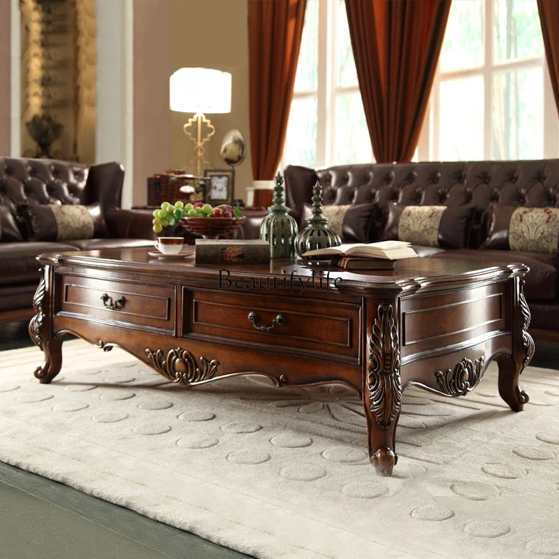 

01 yj19 American Solid Wood European Style Tea Table casual Living Room Rectangular Coffee Table with Drawer