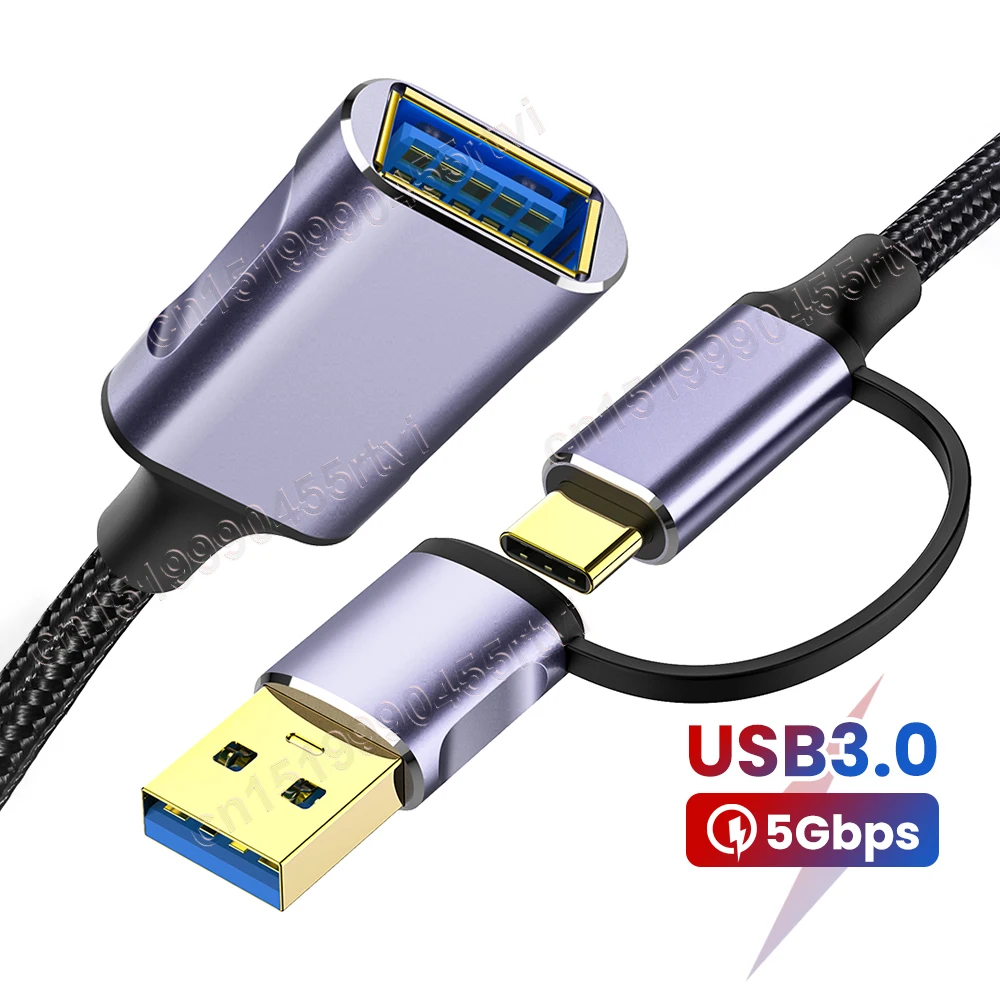 2in1 USB-A/Type-C to USB3.0 Cable USB Extension Cable Male to Female USB3.0 Extender Cord for PC TV USB Extension Data Cable 2m