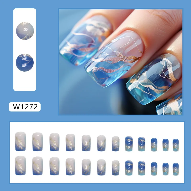 24 pçs de comprimento médio quadrado imprensa em unhas azul ouro listras dicas de unhas unhas falsas mulher com abas pegajosas colar unhas auto-prego