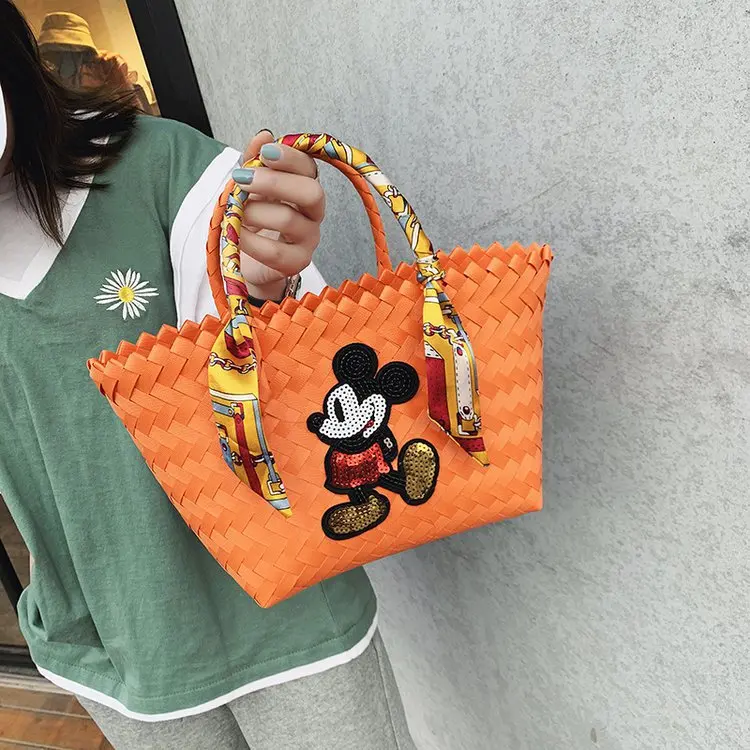 Handmade Straw Woven Bag Mickey Cartoon Square Handbag Casual New Designer Brand Female One Shoulder Bags Outdoor Vacation Bags