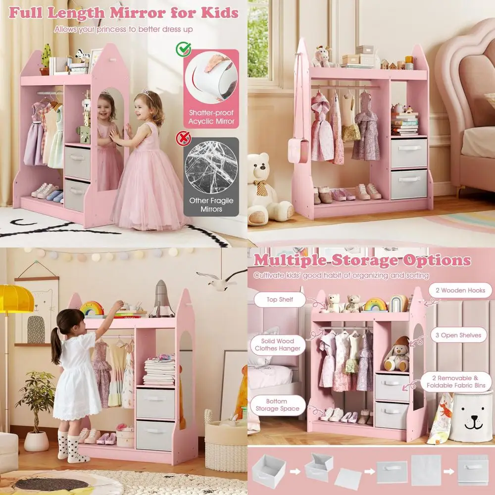 

Children's Mirrored Storage Unit with Clothes Rack, Shelves, Fabric Bins, and Costume Organizer for Playroom or Bedroom