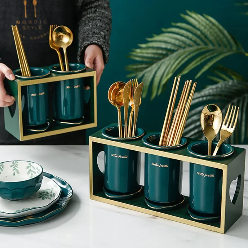 

# Nordic Retro Gold Painted Malachite Green Ceramic Three Chopsticks Cage Knife And Fork Storage Tube #